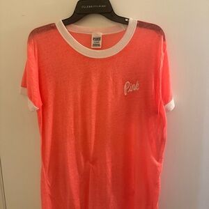 PINK Victoria's Secret Coral Crewneck Tee with White Trim